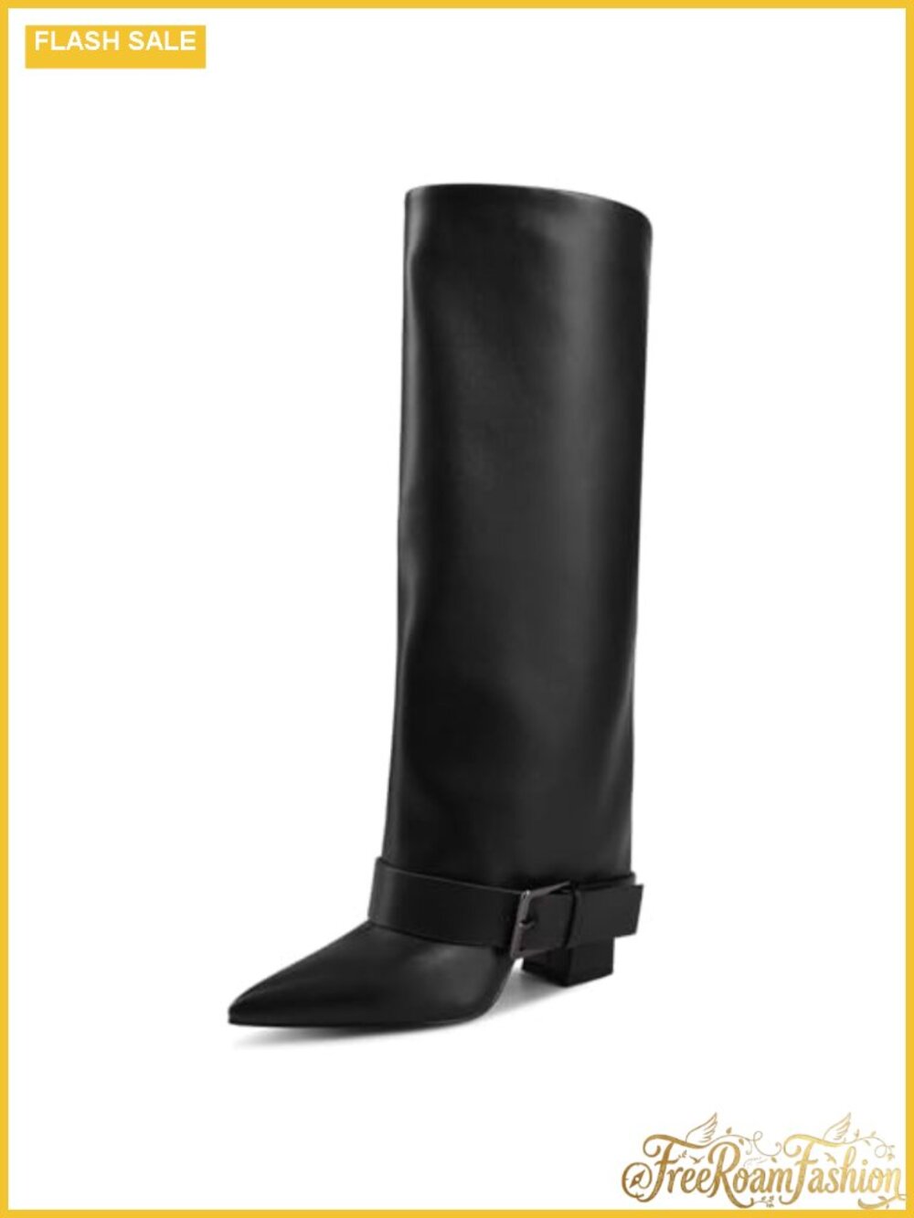 Women Knee High Fold Over Chunky Heel Wide Calf Pointed Toe Pull-On Boots